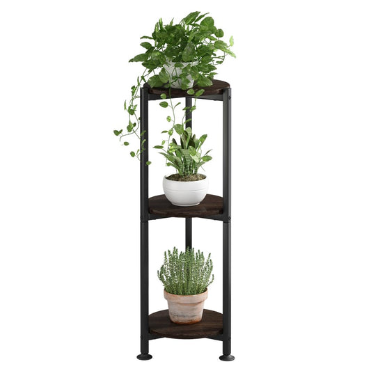 YIZAIJIA Plant Stand Indoor Outdoor 2 Tier Tall Metal Corner Storage Tiered Plant Shelf Holder Multiple for Living Room Balcony Garden,Black (3 Tier-Black Oak Round)