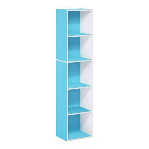 Furinno PASIR Book Shelf, 5-Tier Modern Bookshelf, Open Shelves Bookcase 9 x 12 x 52, Easy Assembly, for Living Room, Bedroom, Home Office, Light Blue/White