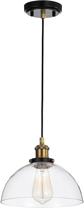 Edvivi Mateo 1-Light Pendant Lights with Clear Glass Dome Shade, Black and Antique Brass Modern Farmhouse Ceiling Lighting, Adjustable Hanging Industrial Light Fixture for Kitchen, Dining, Bedroom
