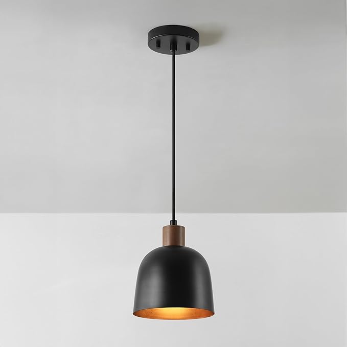 Globe Electric 67000193 1-Light Pendant Lighting, Matte Black, Wood-Toned Accent on Socket, 5ft Black Fabric Cord, Home Improvement, Kitchen, Living Room, Hanging Ceiling Light