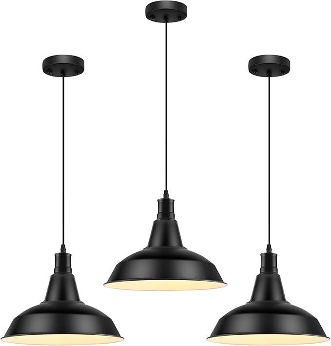 Pendant Light Fixtures, 3Pcs Farmhouse Kitchen Island Lights Fixture, Industrial Hanging Pendant Lighting for Dining Room Bedroom, Black Metal Pendant Lamp, E26 Base, 12.2in