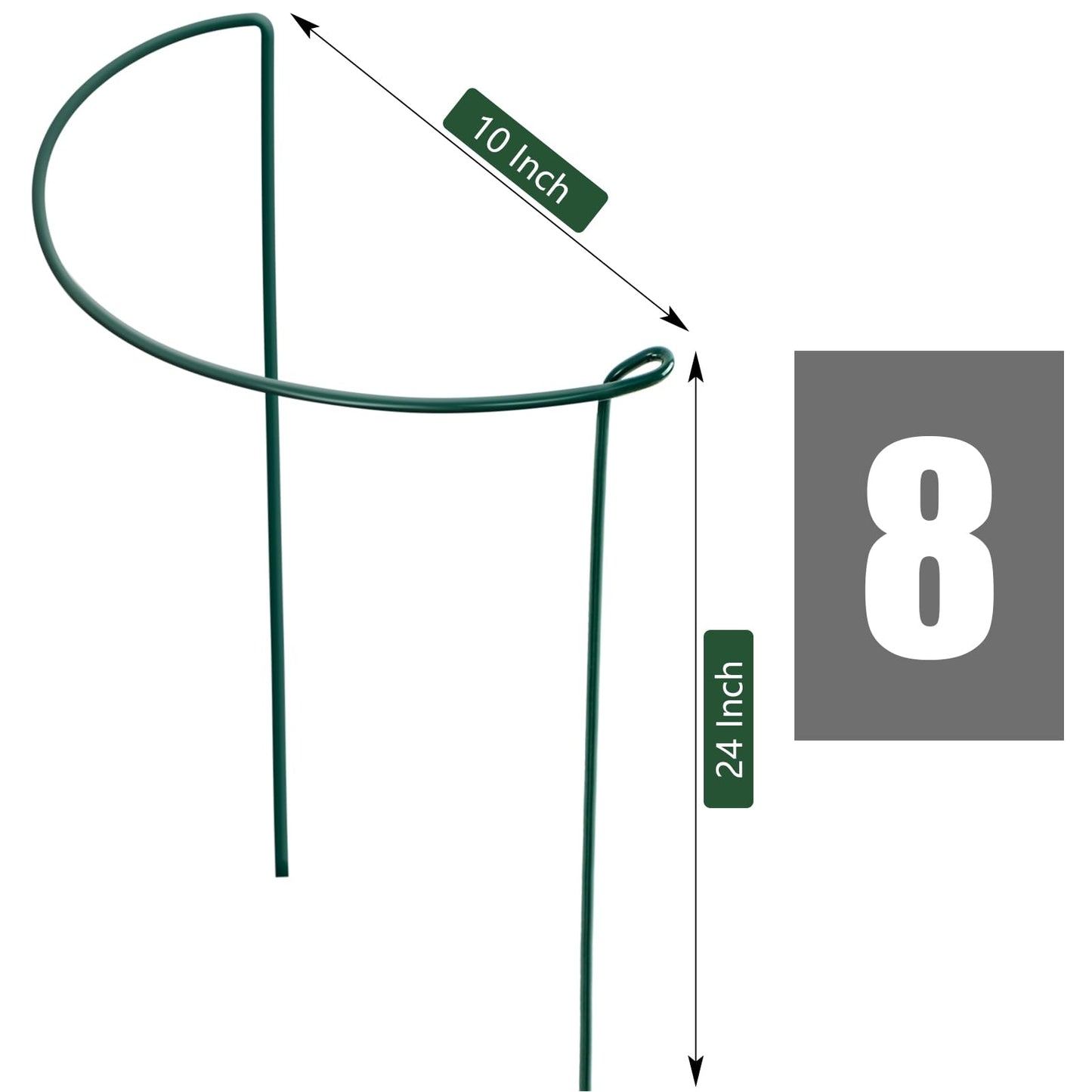 FEED GARDEN 8 Pack Plant Support Stakes, Peony Cages and Supports, Metal Garden Plant Stake(10" Wide x 24" High) Green Half Round Plant Support Rings for Outdoor Indoor Plants, Tomato, Hydrangea