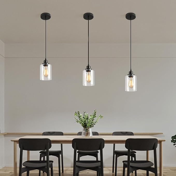 3 Lights Industrial Pendant Light with Glass Shade Matte Black Pendant Lighting Adjustable Industrial Retro Style Hanging Light,Kitchen Island Farmhouse Pendant Lights Fixtures for Kitchen,Farmhouse