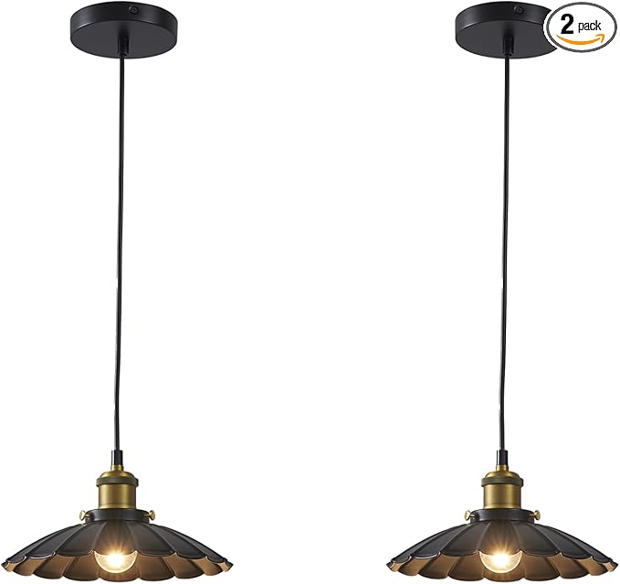2Pack Black Pendant Light, 9.8 Inch Retro Hanging Lamp for Bedroom, Glossy Hanging Kitchen Lights Living Room 6.5Ft Height Adjustable Indoor Pleated Pendant Light