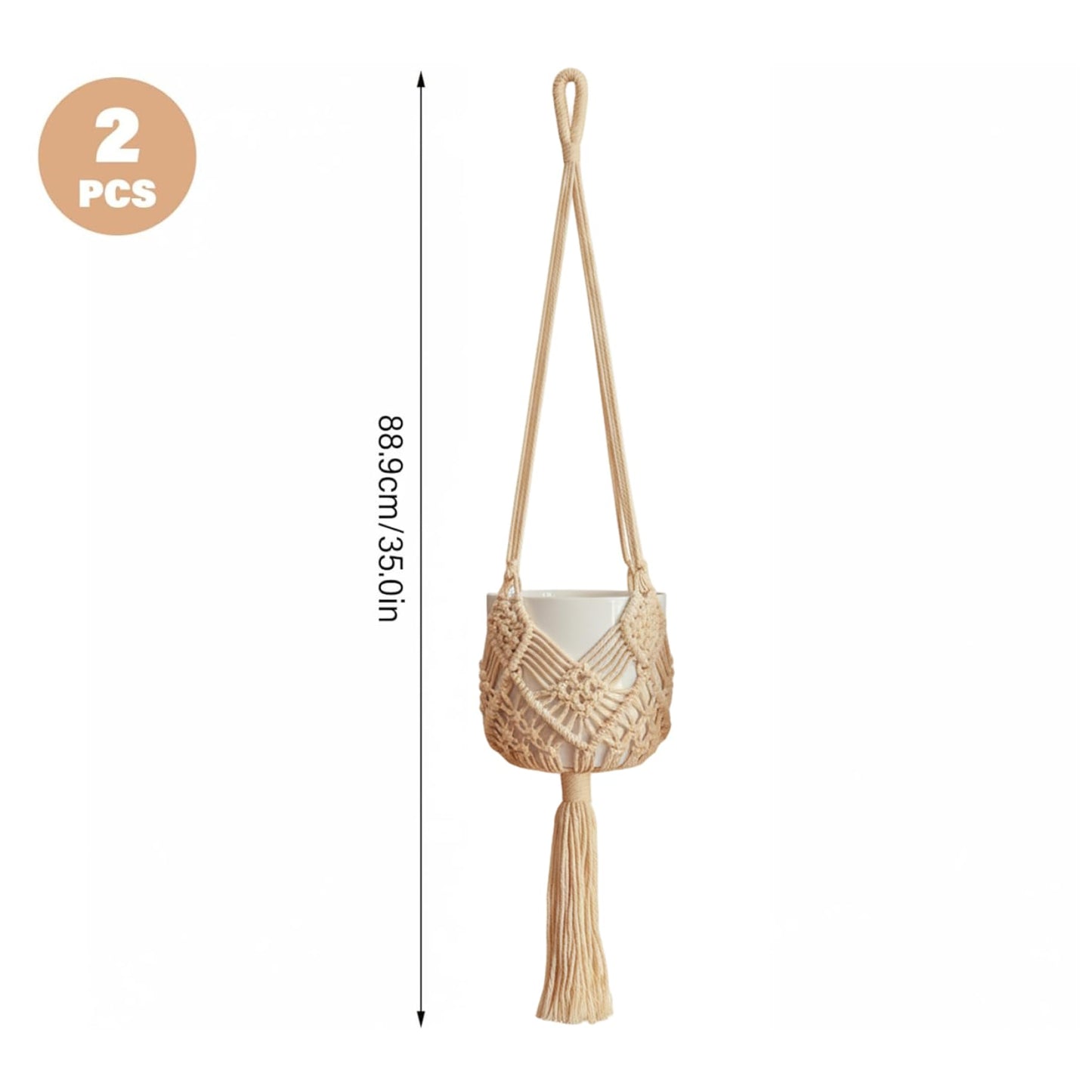 Faroby 2 Pack Macrame Plant Hangers Indoor, 35 Inch Boho Handwoven Cotton Rope Hanging Plant Holder with Tassel for Home Decor White, Hangers Indoor