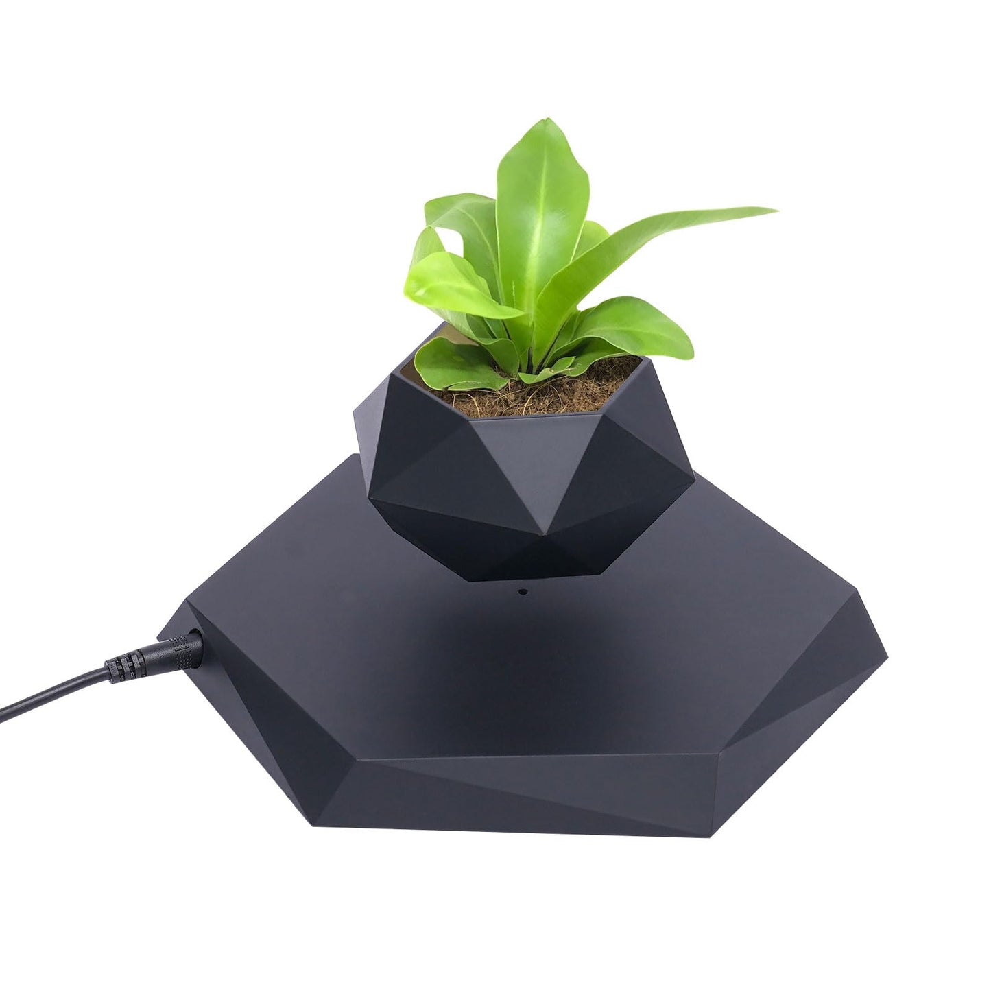 fvscgjmwp Levitating Plant Pot Hexagon Shape for Small Plants, Magnetic Floating Plant Pot 360 Degree Rotation, Black Suspension Flower Pot for Home Office Desk, US Standard Plug, No Plants Included