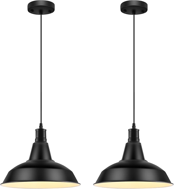 Pendant Light Fixtures, 2Pcs Farmhouse Kitchen Island Lights Fixture, Industrial Hanging Pendant Lighting for Dining Room Bedroom, Black Metal Pendant Lamp, E26 Base, 12.2in