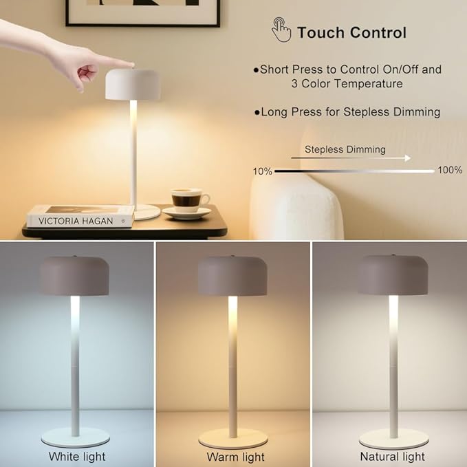 Cordless Table Lamps Set of 2, 6000mAh Rechargeable Battery Powered Lamp, 3 Color Stepless Dimming LED Table Light with Memory Function, Portable Table Light for Outdoor/Indoor/Restaurant (White)