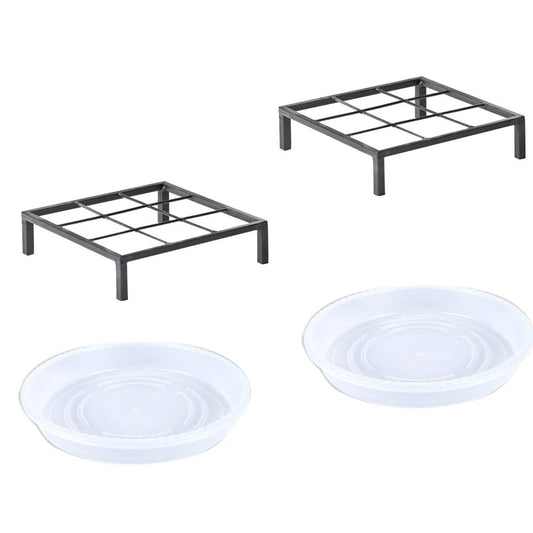 TenFuju 9.8" Metal Heavy Duty Potted Plant Stand Flower Pot Holder with Saucer Indoor Outdoor Rustproof Iron Garden Container Square Supports Rack for Planter ,2 Pack(iron color )