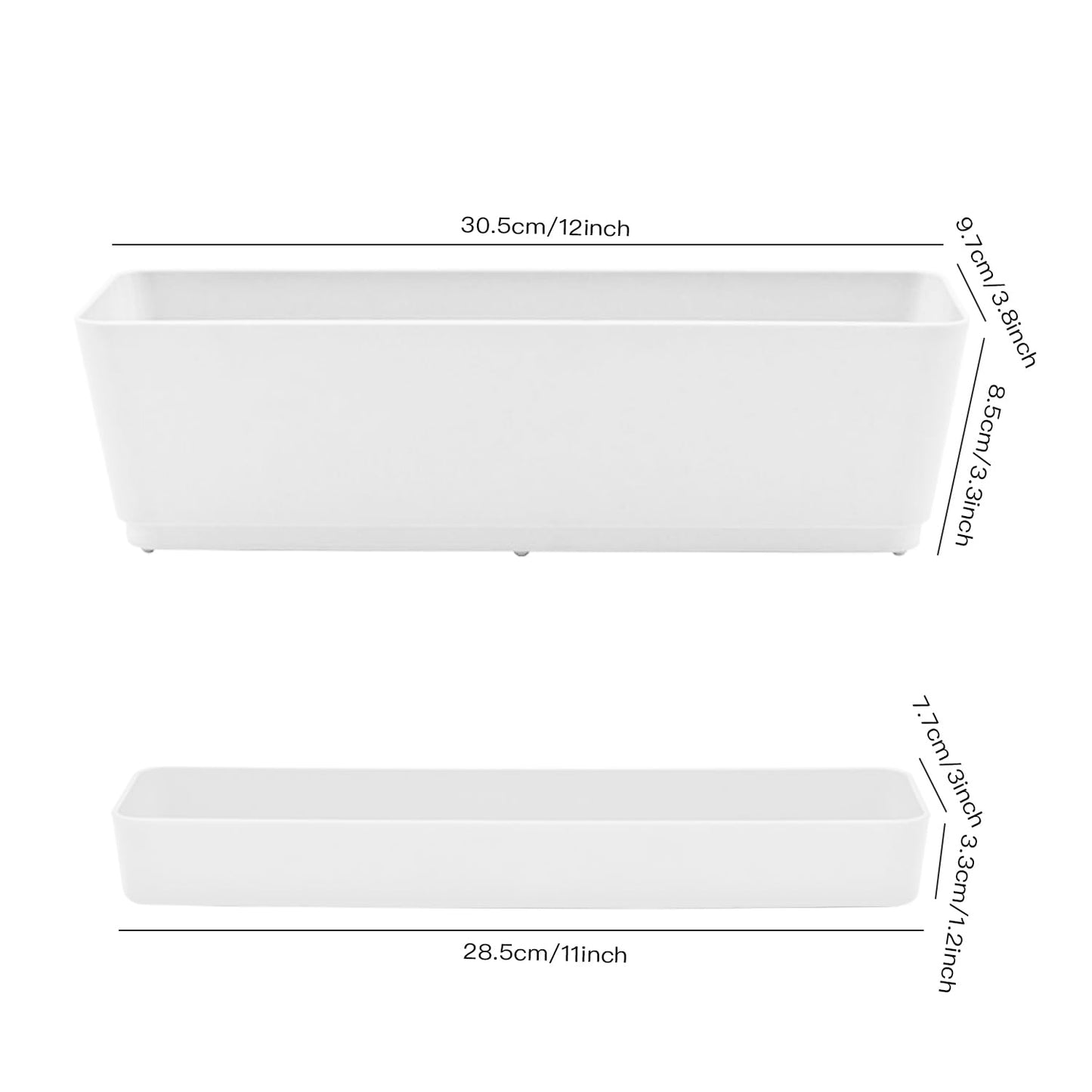 Lainrrew 3 Pack Window Box Planters, 12 Inches Rectangular Planter Plastic Flower Box Plant Pots Plant Containers with Tray for Balcony, Windowsill, Garden, Home Office Outdoor Decoration, White