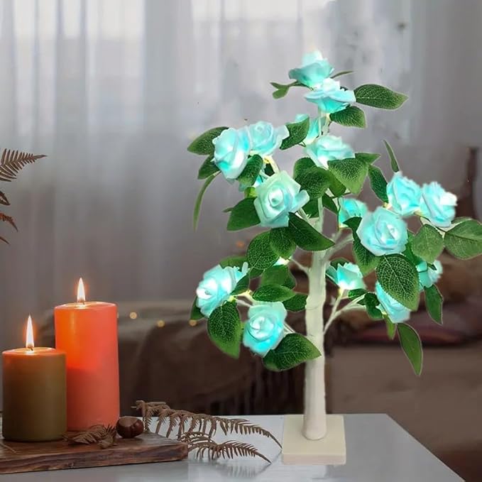 Tabletop Rose Flower Light,Mini Light up Bonsai Tree with Light Blue Rose Flower, Valentine Day Tree Lamp for Fireplace Bedroom Home Wedding Party Decor,21.6Inch