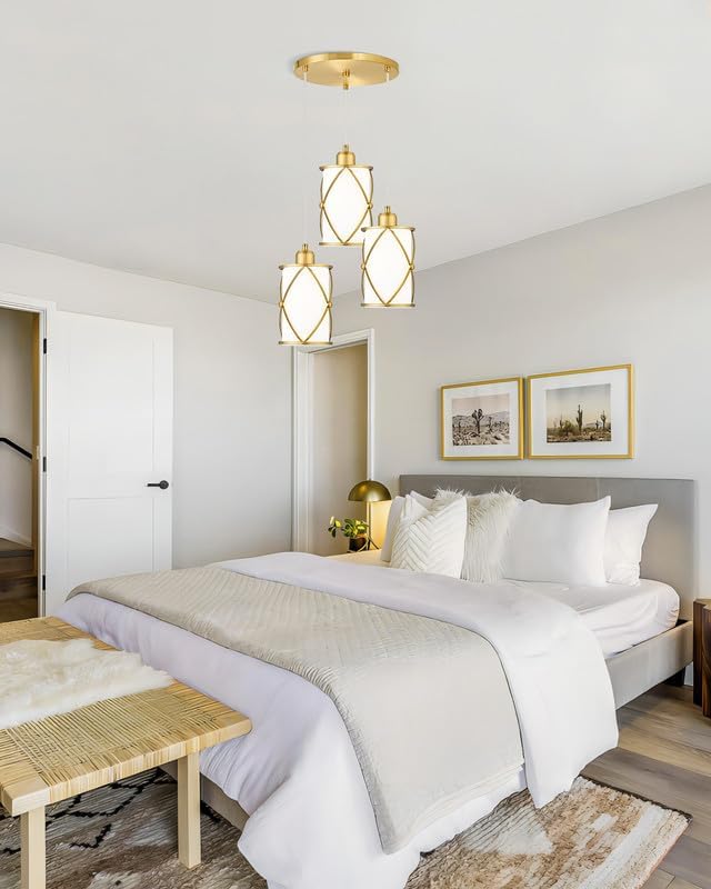 Brushed Gold Pendant Light Fixtures, 3-Light Dining Room Chandeliers with Frosted Glass, Modern Cluster Hanging Pendant Lighting for Kitchen Island Sink Bedroom, CH9176BGW3