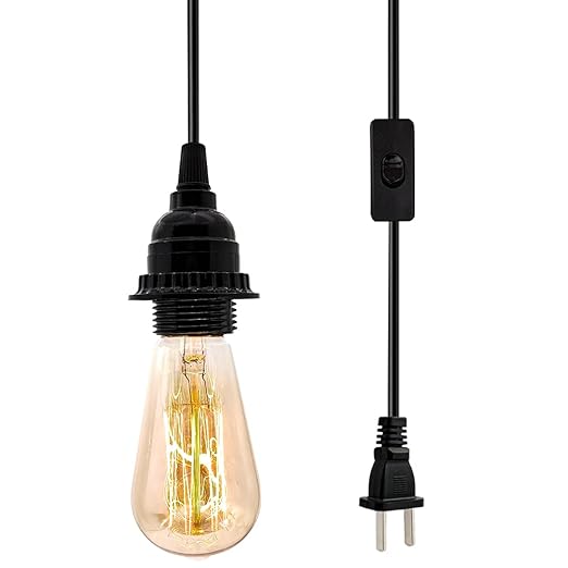 Plug in Hanging Light Kit, Industrial Pendant Lighting Fixture, E26 E27 Retro Hanging Lights with Plug in Cord, 19.69 FT Cord with On/Off Switch Hanging Lamp Fixture for Living Room Bedroom