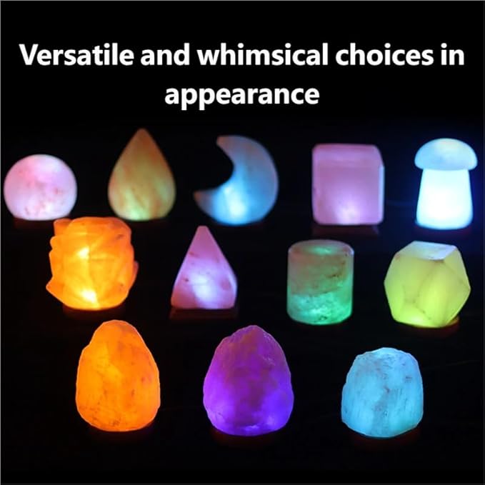 Himalayan Salt Lamp with USB Power, Natural Shape, Color-Changing LED and Warm White Light, Wooden Base Night Light (C, Monochrome)