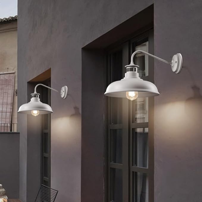 Set of 2 Gooseneck Outdoor Wall Lights Fixtures,Dusk to Dawn Motion Sensor Sconce Farmhouse Barn Lamp for Patio,3 Modes Dimmable Exterior Porch Light Wall Mount Lighting White with Rotary Dial Control