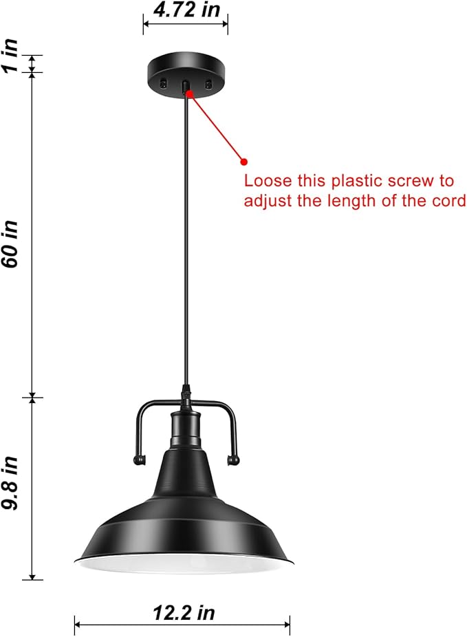 Industrial Farmhouse Pendant Light, 12" Metal Hanging Ceiling Lamp with 5FT Cord for Hallway, Kitchen Island, Sink, Dining Room, Living Room, Bar Counter, Foyer, E26 Socket, Black (Bulb Not Included)