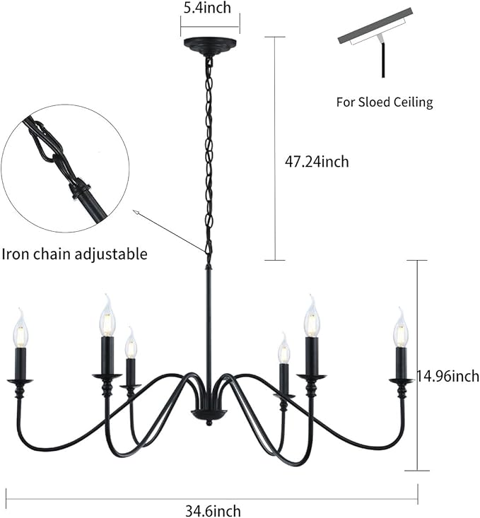 Black Chandelier,6-Light Rustic Industrial Iron Chandeliers for Dining Room Lighting Fixtures Hanging,Candle Hanging Hallway, Living Room, Foyer, Bedroom, Office, Bar,Island Lights