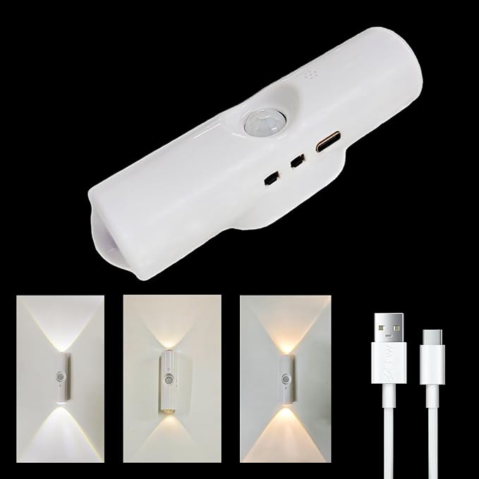Motion Sensor Wall Lamp, Motion Sensor Light Indoor, Smart Night Light, Rechargeable Sensor Bathroom Light, Magnetic Mount lamp for Bedroom, Bathroom, Courtyard, Livingroom (White-3 Color)