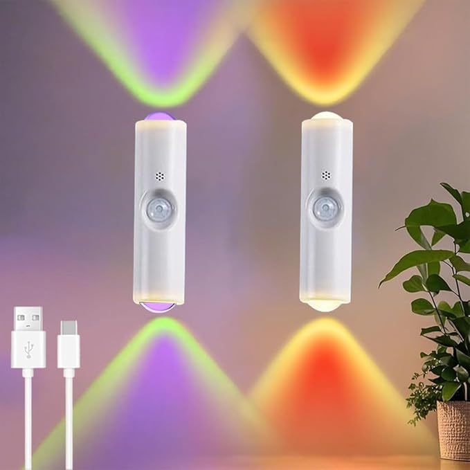 Portable Wall Mounted Night Light,USB Rechargeable Magnetic LED Wall Lamp,Motion Sensor Night Light,7-Color Battery-Powered Wall Lamp,For Hallways,Bedrooms,Bathroom,Living Room(White 2 pcs)