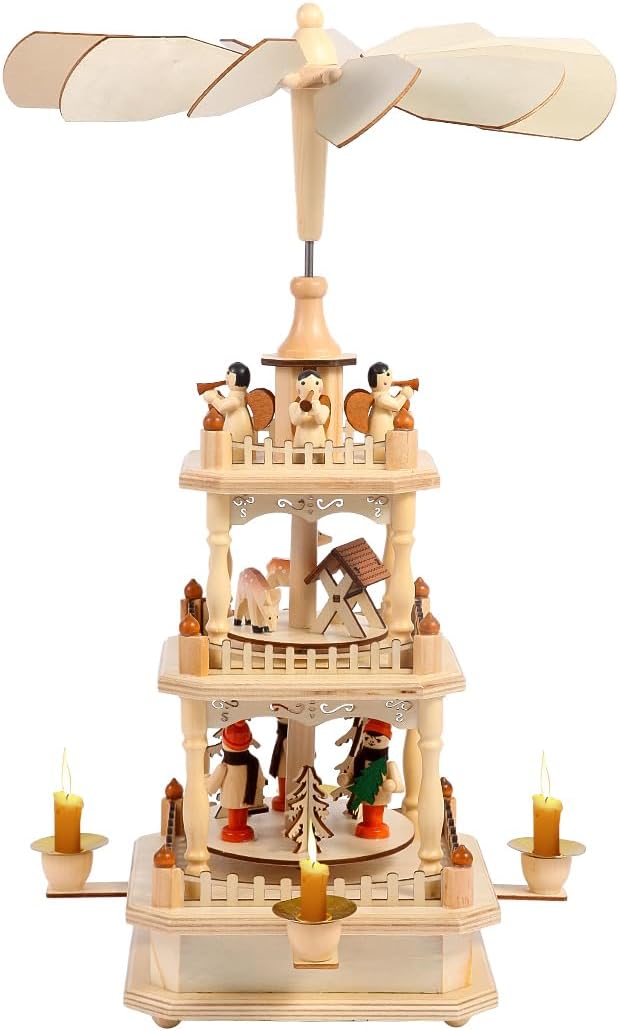 Rotating Christmas Pyramids - 18-Inch Wood Nativity Scene Carousel with 4 Candle Holders