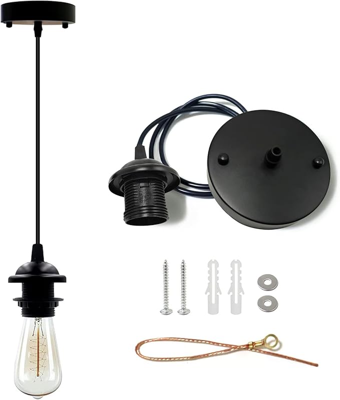 Industrial Mini Pendant Light Kit, Edison Retro Pendant, UL E26 Lamp Socket Vintage Pendant Light Cord, Mini Ceiling Hanging Light Fixtures, Adjustable Hanging Light Kit for Kitchen（Black）