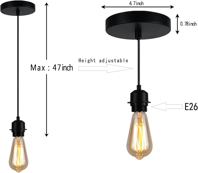 Industrial Mini Pendant Light Kit, E26 Vintage Style Black Cord Hanging Light Fixture,be Applicable Overhead Lamps for Farmhouse Bedroom Home Ceiling Chandelier Decors (Black)