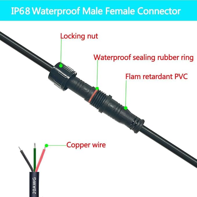 3pin Waterproof Connector,20AWG IP68 3Pin Male Female Plug LED Connector,with 30CM Extension Cable for Car,Indoor/Outdoor LED Strip Lights.