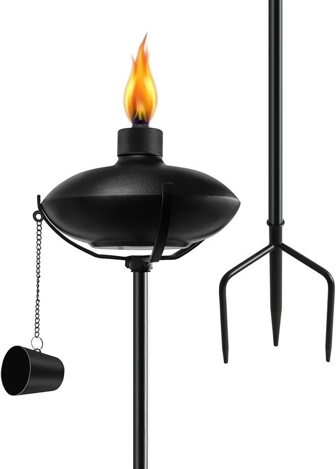 1 Pack Home Garden Torch , Outdoor Metal Torch Garden Décor ,55-Inch Upgraded Citronella Torches with 3-Prong Grounded Stake , Metal Light Torches for Party Patio Pathway (More Stable)