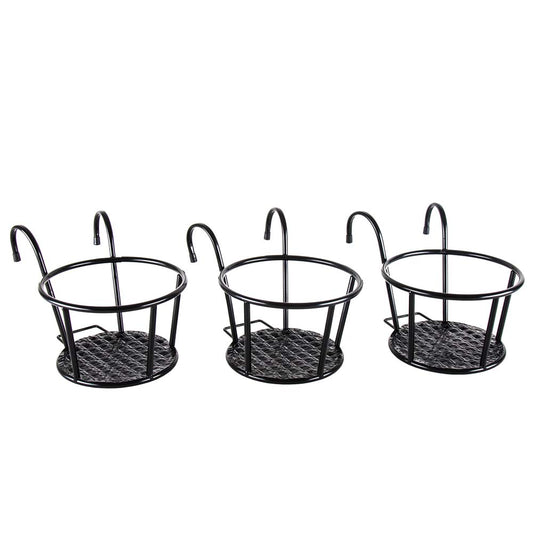 HowRU Iron Art Hanging Baskets Flower Pot Holder - Over The Rail Metal Fence Planters - Pack of 3 - Black