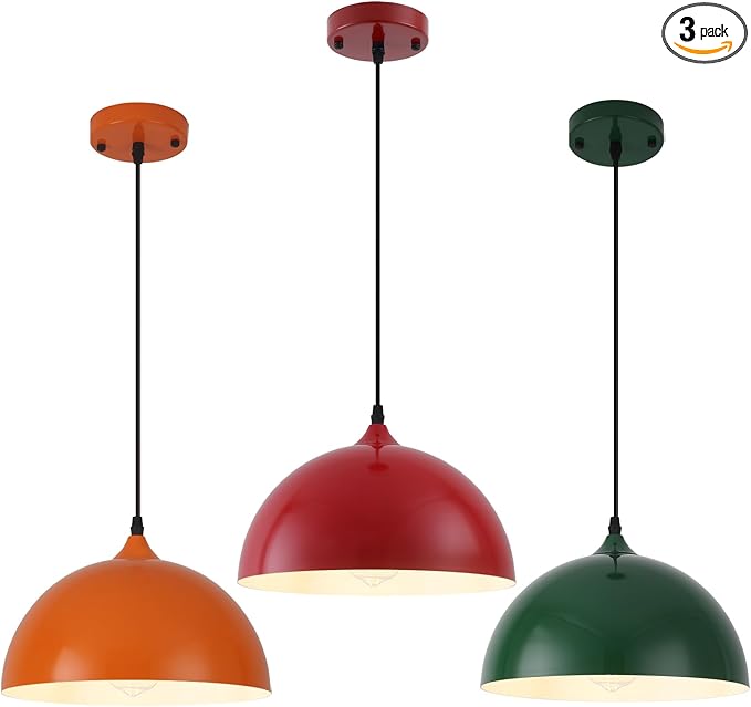 Colorful Pendant Lights, 11.8" Dome Pendant Light 3 Pack, Modern Light Fixtures for Kitchen Island, Adjustable Height Pendant Lighting for Dining Room, Bedroom, Living Room, Hallway, Bar