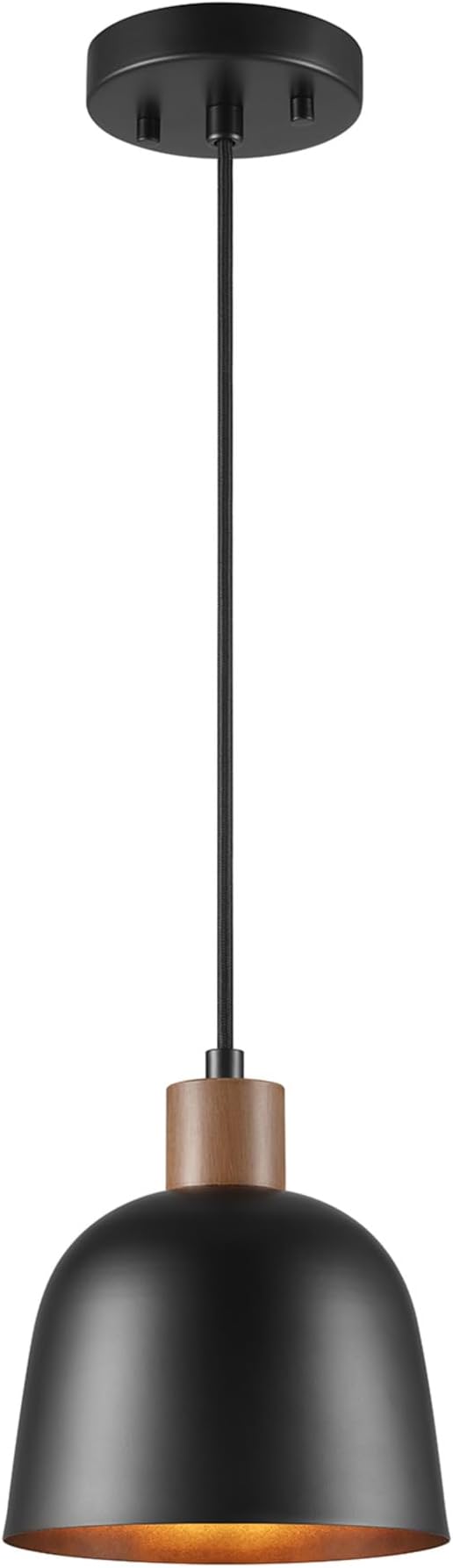 Globe Electric 67000193 1-Light Pendant Lighting, Matte Black, Wood-Toned Accent on Socket, 5ft Black Fabric Cord, Home Improvement, Kitchen, Living Room, Hanging Ceiling Light