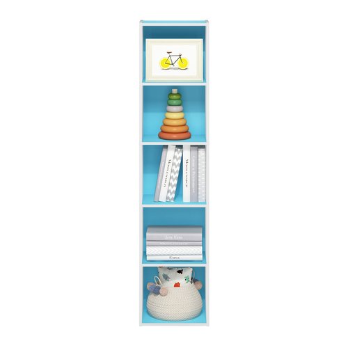 Furinno PASIR Book Shelf, 5-Tier Modern Bookshelf, Open Shelves Bookcase 9 x 12 x 52, Easy Assembly, for Living Room, Bedroom, Home Office, Light Blue/White