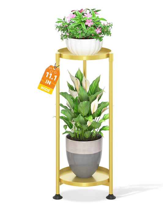 LASZOLA 2 Tier Gold Plant Stand Indoor for Large Tall Heavy Duty Flower Planter, Metal Vertical Multi Level Rack for Narrow Floor Corner, Sturdy Round Holder Organizer, Modern, Mid Century, Farmhouse
