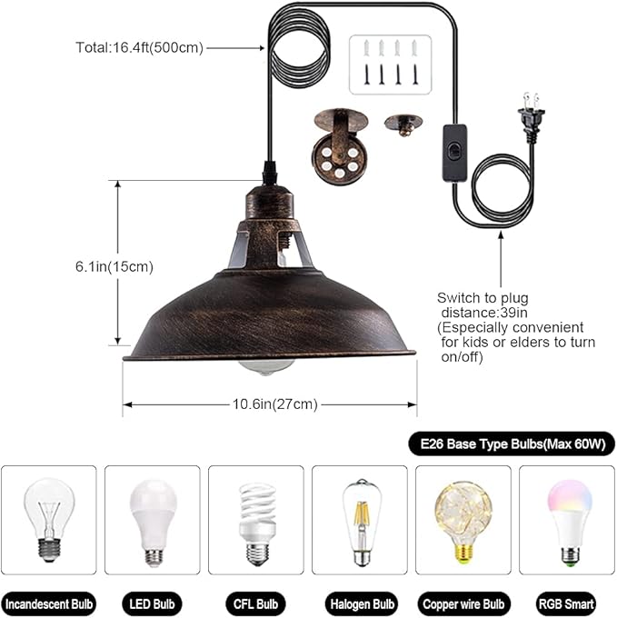 Plug in Pendant Light Industrial Pulley Pendant Lamp E26 Vintage Hanging Light Fixture With 16.4ft Cord On/Off Switch For Pool Table,Houseplant Grow lights,Kitchen Island,Sink 2 Pack Aged Bronze