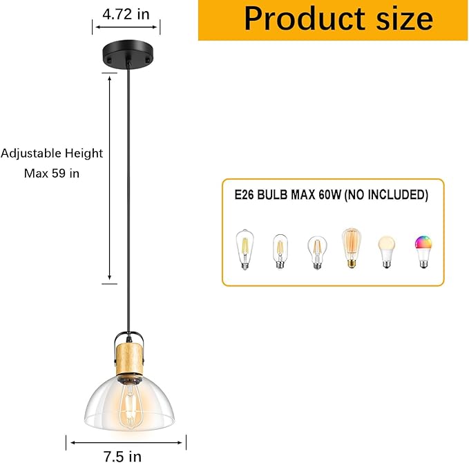 1 Pack Wood Pendant Lights, Pendant Light Fixtures with 7.5" Clear Glass Shade, Modern Farmhouse Hanging Lights for Kitchen Island, Bedroom, Bathroom, Dining Room