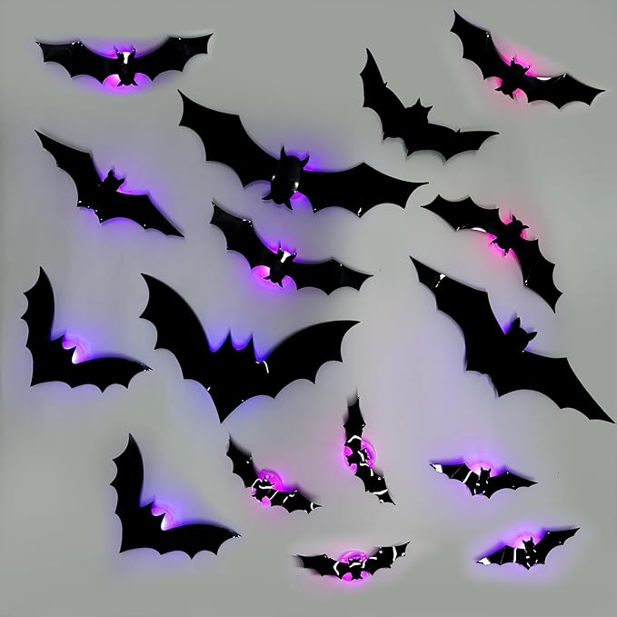 Halloween LED Bats Light Wall Stickers Glow in The Dark 3D Wall Decor for Home Decor Indoor Party Decorations (12, 5 Sizes)