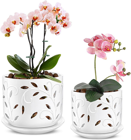 EFISPSS Ceramic Orchid Pots 5+6 Inch White with Drainage Holes & Tray, Breathable Airflow, Indoor & Outdoor