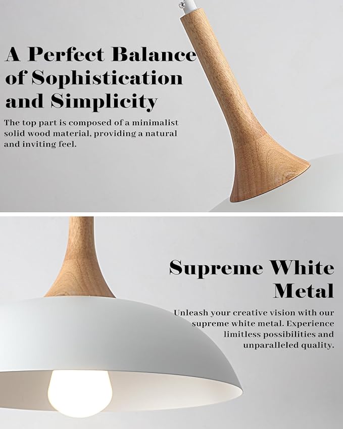 White Pendant Lights Kitchen Island, Modern Pendant Light with Wood Cap, 13.8 inch Dome Pendant Light for Kitchen, Dining Room, Living Room