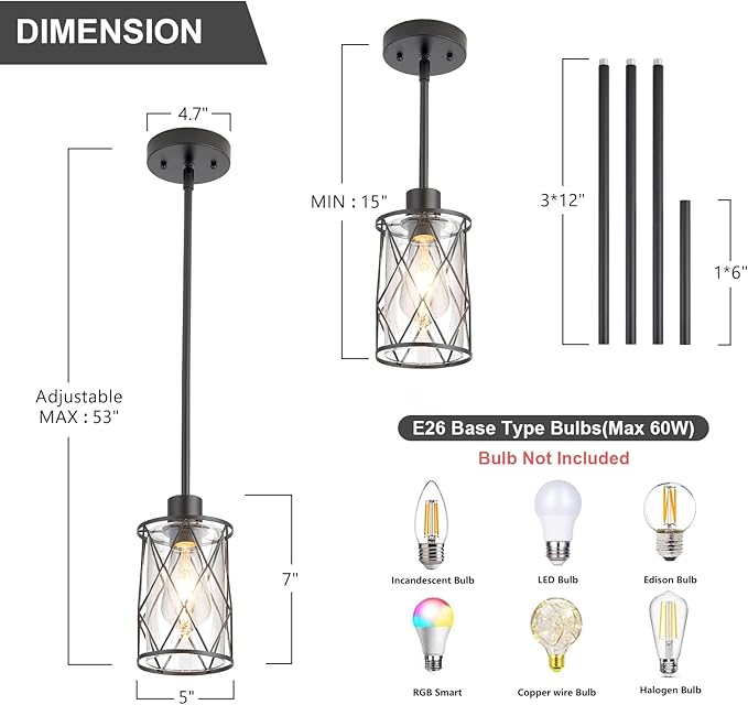 Refice Glass Pendant Lights Kitchen Island, Black Kitchen Hanging Light with Clear Glass, Farmhouse Cage Mini Pendant Lighting for Sink Dining Room Bedroom Bar, 3 Pack