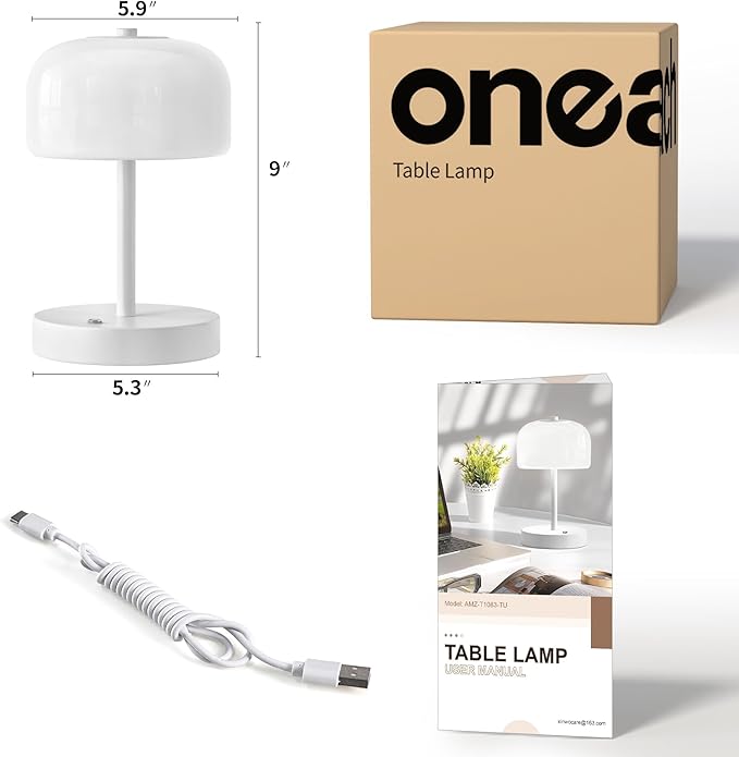 Oneach 9" Cordless LED Mushroom Table Lamp Touch 3 Way Dimmable Bedside Small Lamp Battery Operated Rechargeable Modern Nightstand Desk Lamp for Bedroom Living Room Restaurant White(2 Pack)