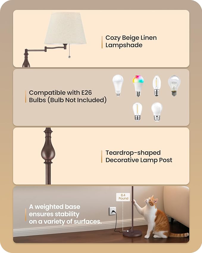 Vintage Floor Lamp with 350°Adjustable Swing Arm, 61” Mid-Century Modern Floor Lamp, Standing Pole Lamp with Pull Chain Switch, Antique Reading Lamp for Living Room, Bedroom, Rustic Brown VE13LD05