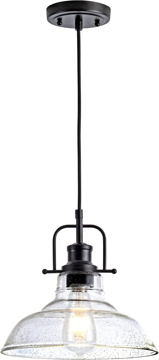 Glass Pendant Light，Black Pendant Light Fixtures with Seeded Glass Shade, Adjustable Height Hanging Lights for Hallway, Kitchen Island, Dinning Room（Bulb not Included）