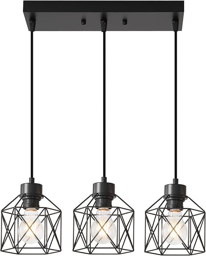 3-Light Hanging Pendant Light Fixtures, Farmhouse Kitchen Island Light Fixture, Industrial Hanging Pendant Lighting for Dining Room Bedroom Hallway, Black Metal Cage Pendant Lamp, E26 Base