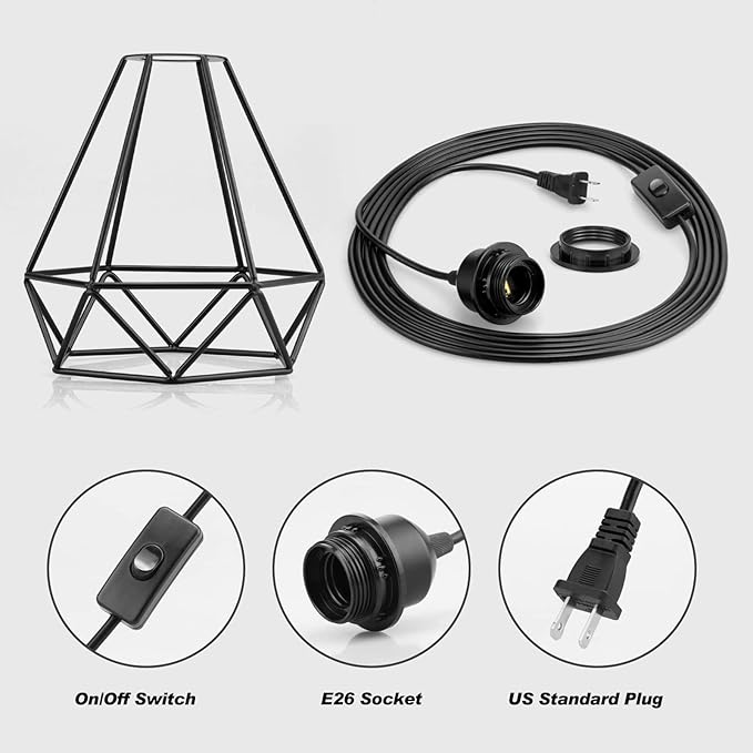 Plug in Pendant Light, Industrial Hanging Light with Plug in Cord, Black 15FT On/Off Switch Farmhouse Pendant Light, Hanging Lamps for Dining Room