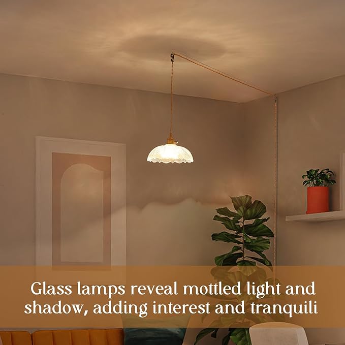 Hanging Lamp Plug in,Braided Adjustable 14Ft Light Cord Plug in Pendant Light 9.8 Inch Glass Lampshade Hanging Ceiling Light Kitchen Island On/Off Switch Hanging Lights