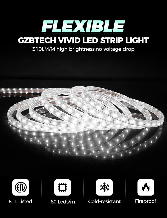 GZBtech AC 110-120V LED Strip Lighting 100FT/30M, 6000K Cool White IP65 Waterproof Outdoor Strip Lights, 60LEDs/M SMD2835 Cuttable & Connectable LED Rope Light for Indoor Outside Exterior, ETL Listed