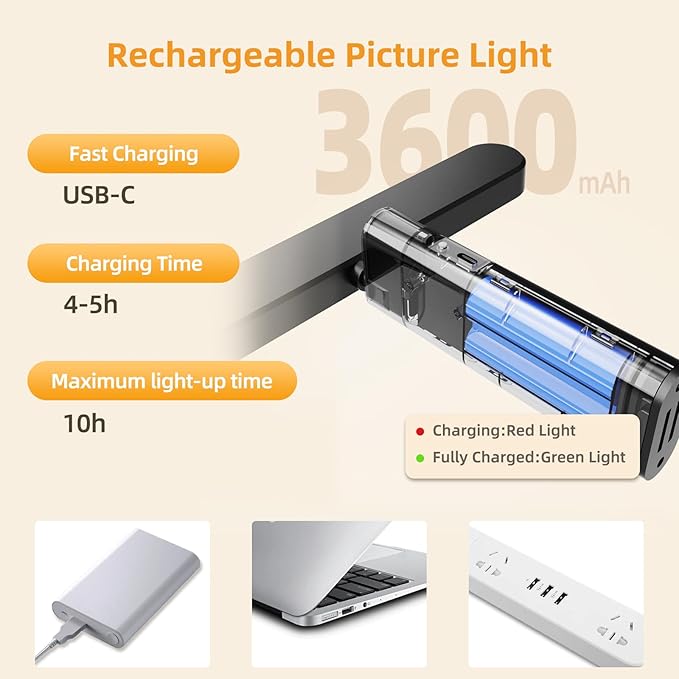 Battery Operated Wireless Picture Light，Rechargeable 10.24inch Mini Painting Display Light,Remote Control Wall Lights with Three Modes and Timing for Art Frame 2pack (2)