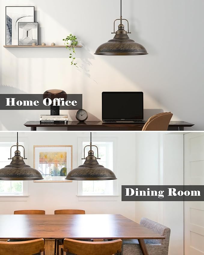Brass Pendant Light Kitchen Island,16 Inch Large Industrial Pendant Lights, Black and Brass Pendant Lights, Vintage Farmhouse Pendant Light for Kitchen Island, Dining Room (2 Pack)
