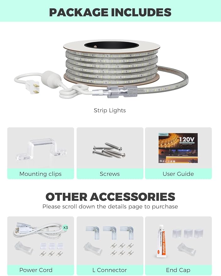 GZBtech AC 110-120V LED Strip Lighting 100FT/30M, 2800K Warm White IP65 Waterproof Outdoor Strip Lights, 60LEDs/M SMD2835 Cuttable & Connectable LED Rope Light for Indoor Outside Exterior, ETL Listed