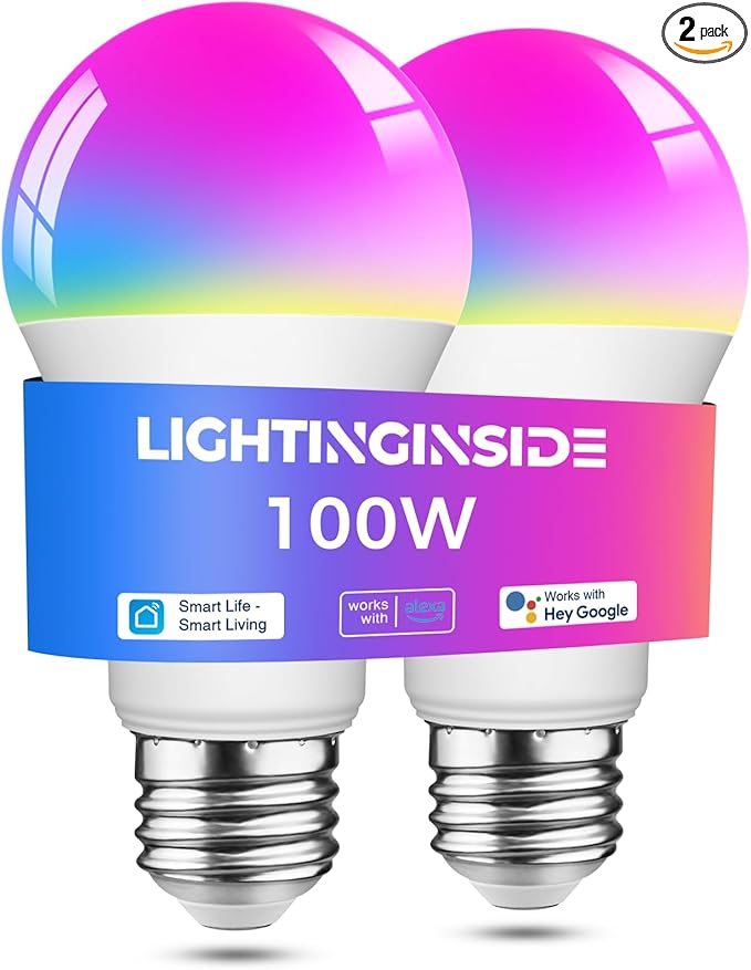 Lightinginside Smart Light Bulbs 100W Equivalent, Works with Alexa/Google Home/SmartLife, 1350LM 11W RGBCW Color Changing LED Light Bulbs, 2.4G WiFi Bluetooth Bulb, No Hub Required, ETL Listed, 2PCS